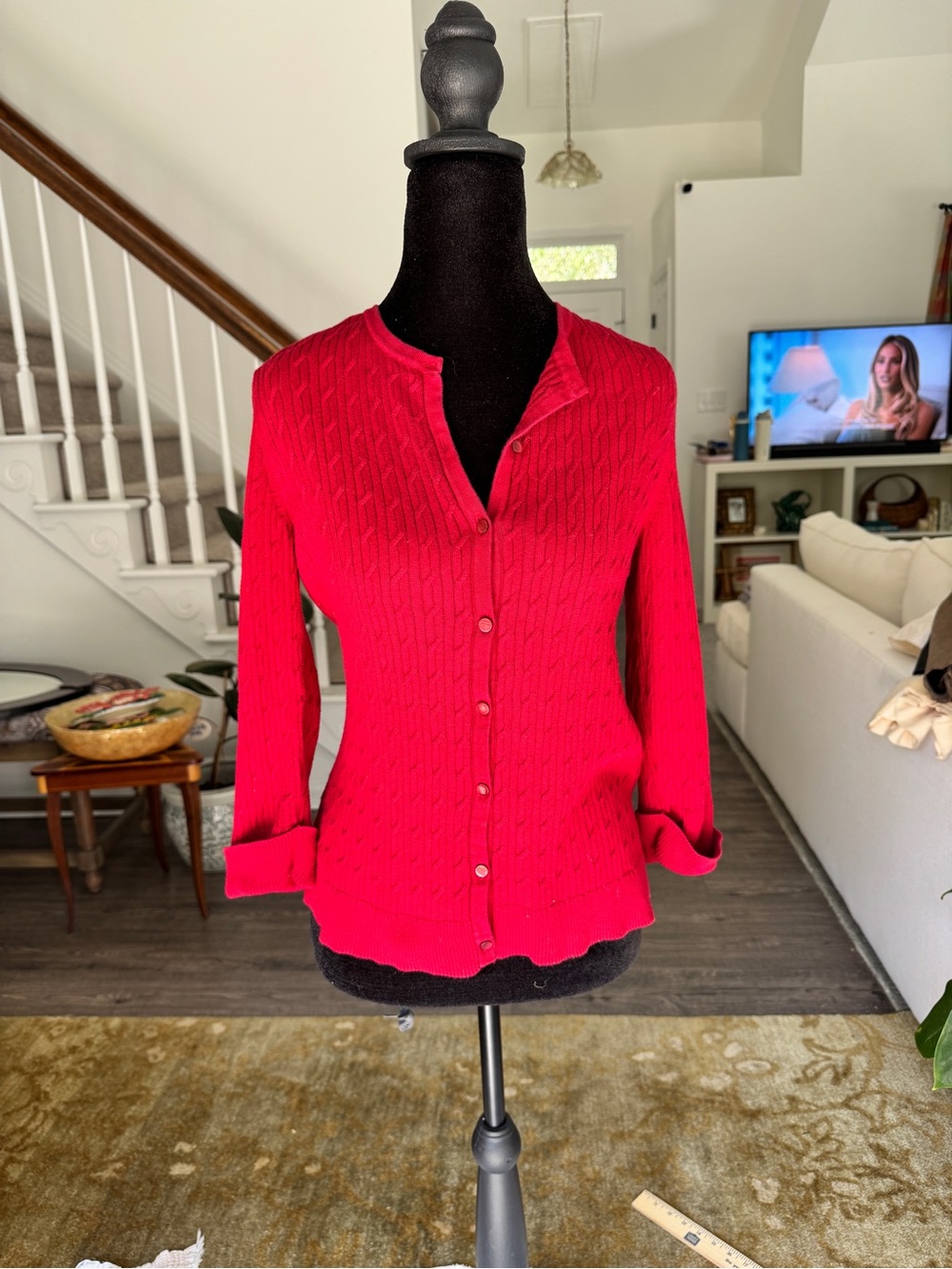 Talbots Bright Red Button-Front Cable Cardigan